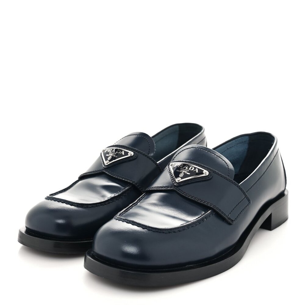 Prada Calzature Donna Spazzolato Logo 20mm Loafers Bleu Size 36 (US 6)